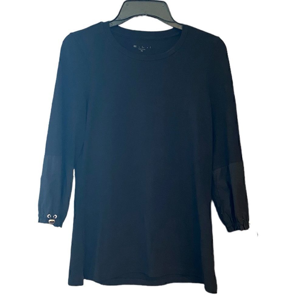 E.L.I. Sz XS Black Long Statement Cotton Métal Accent Luxury Jersey Top
